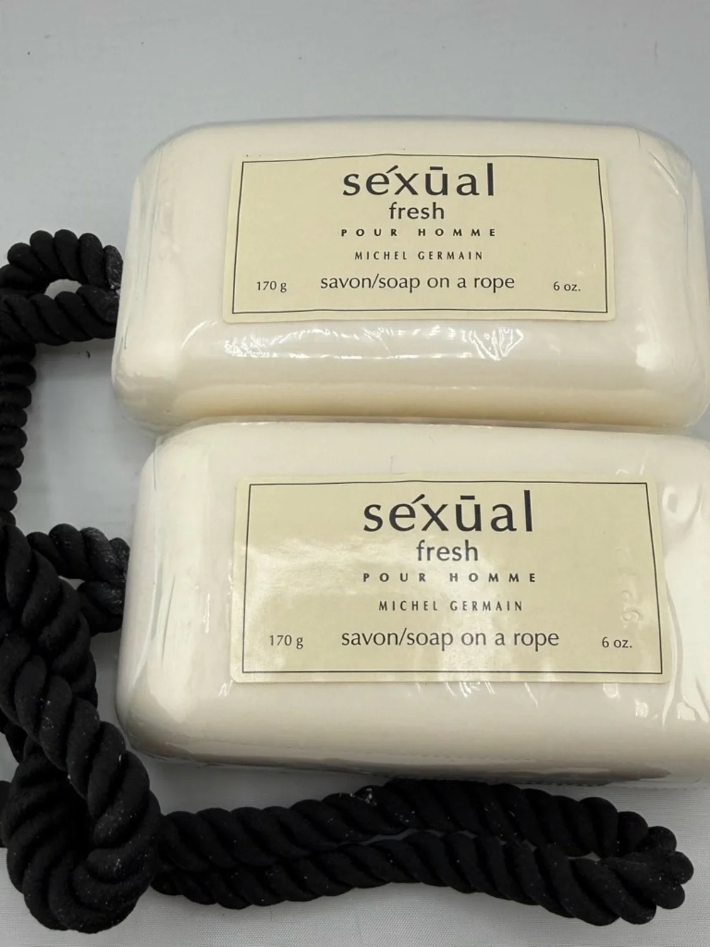 Two Séxūal Fresh Pour Homme White Soaps on a Rope by Michel Germain